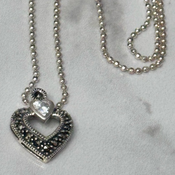 Heart Pendant Sterling Silver Necklace Marcasite 5g 17’ Bead Ball Chain 5511 - Picture 9 of 13